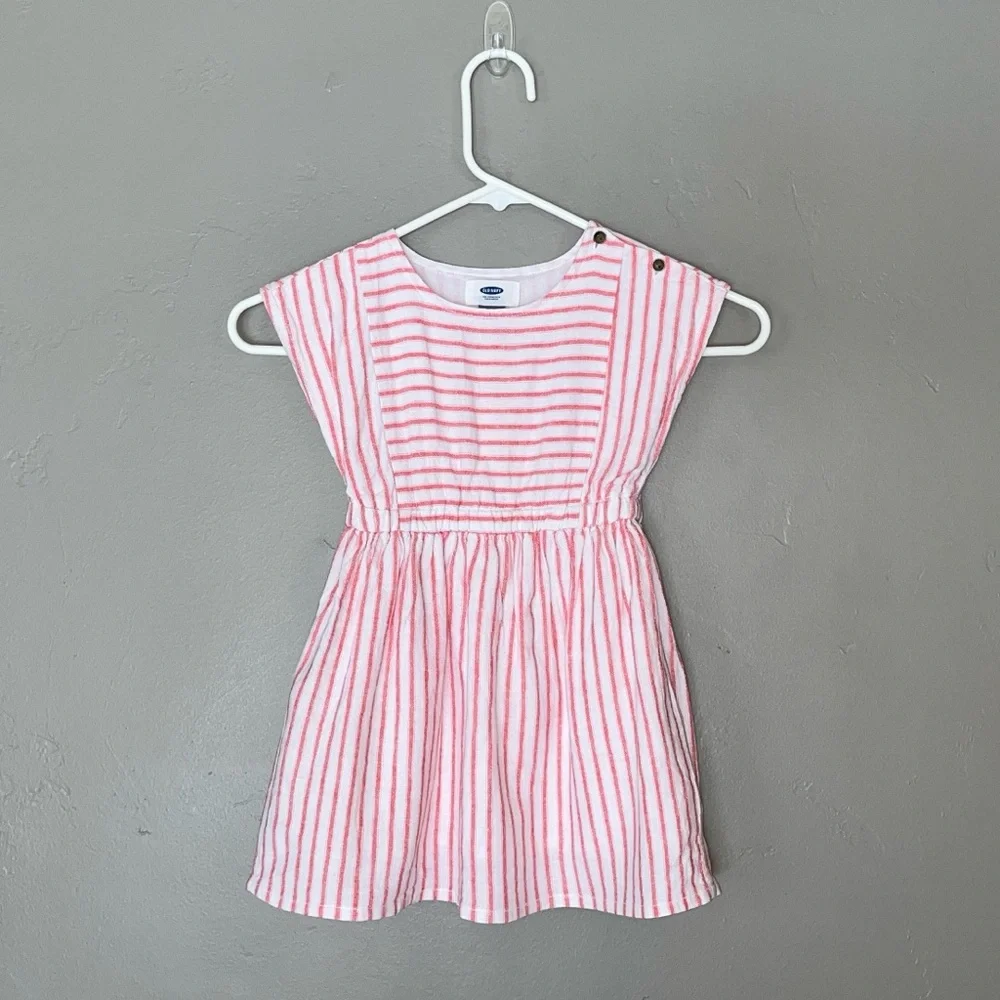 Old Navy Linen Blend Red White Striped Dress Coastal Preppy Nautical Girls 3T